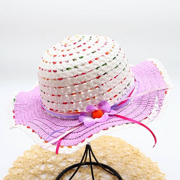 BRGZLK Summer Straw Hat for Girls Large Summer Cute Sun Hat Kids Outdoor Sunshade and Sun Protection Hat With Bowknot for 3-7 Years Purple Free Size