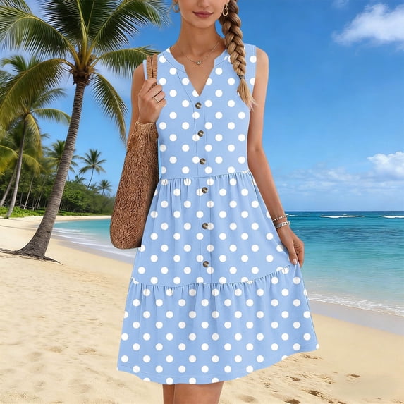 BRGZLK Summer Tank Dress for Women Summer Daily Casual Pleated Polka Dot Split V-Neck Vacation Beach Sundresses Fashion Sleeveless Button-Down Flowy Midi Dress Light Blue S