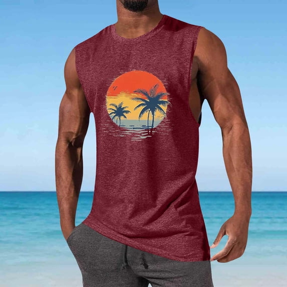 BRGZLK Summer Tank Top for Men Trendy Palm Tree Sleeveless Athletic Shirt Vacation Beach Muscle Patriotic Sport Round Neck Tank Top,Birthday Gift Wine XXL
