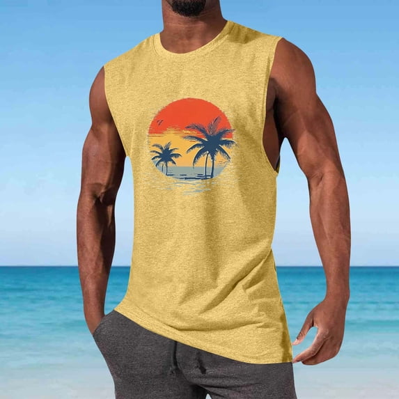 BRGZLK Summer Tank Top for Men Trendy Palm Tree Sleeveless Athletic Shirt Vacation Beach Muscle Patriotic Sport Round Neck Tank Top,Birthday Gift Yellow XXL