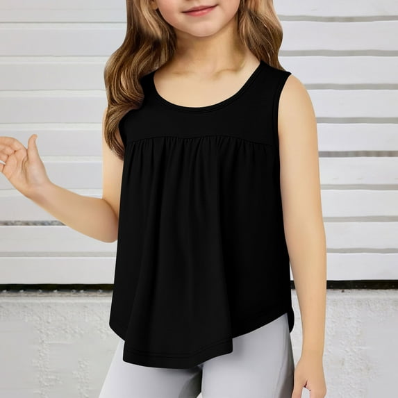 BRGZLK Summer Tank Top for Toddler, Boys Girls Trendy Solid Color Round Neck Sleeveless Top Pleated Underwaist Black 7-8 Years