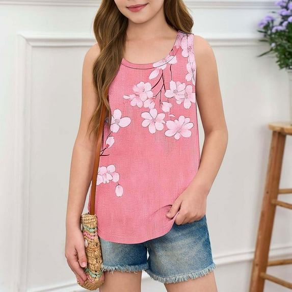 BRGZLK Summer Tank Tops for Girls Loose Fit Round Neck Sleeveless Tops cute Floral Print Flowy Casual Tunic Top Hot Pink 5-6 Years