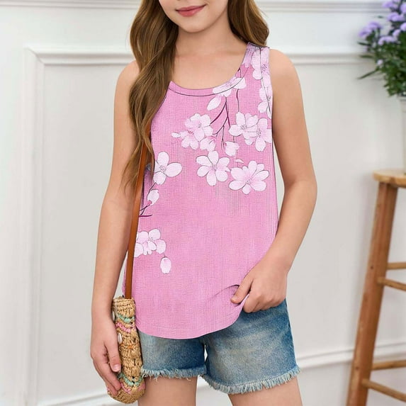 BRGZLK Summer Tank Tops for Girls Loose Fit Round Neck Sleeveless Tops cute Floral Print Flowy Casual Tunic Top Pink 9-10 Years