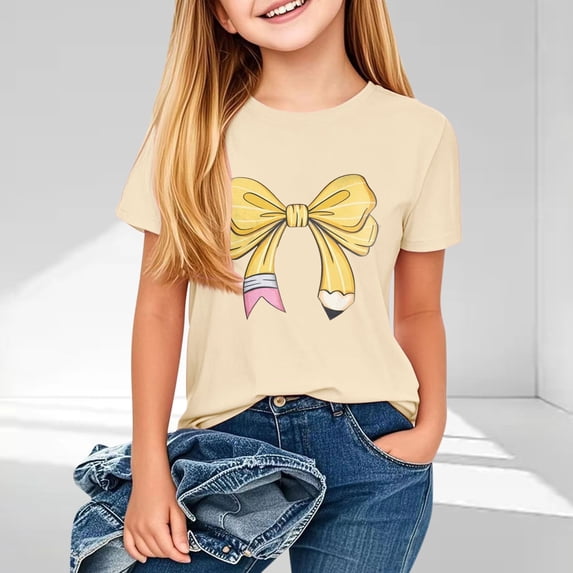 BRGZLK Summer Tops for Kids 2025 Summer Spring Preschool Children's Fashion Print Tees Cute Round Neck Short Sleeve School Season T-Shirt Khaki 7-8 Years