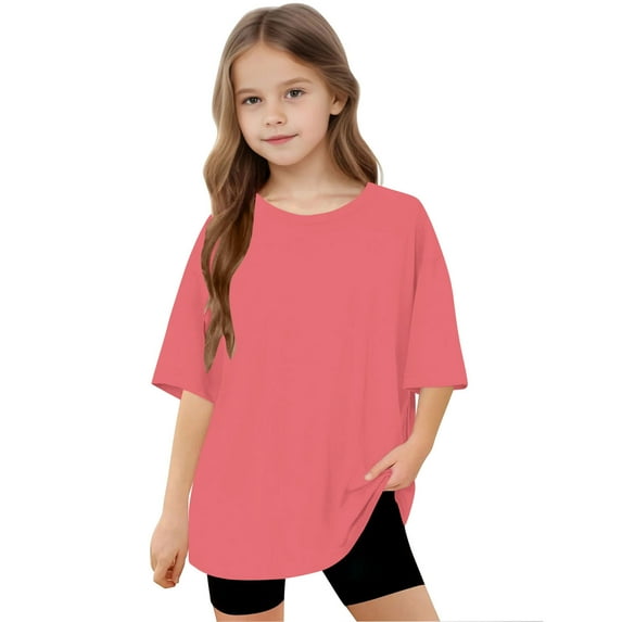 BRGZLK Summer Tops for Girls Boys Kids Fashion Cute Solid Color Blouse Loose Soft Short Sleeve Round Neck T-Shirts Pink 5-6 Years