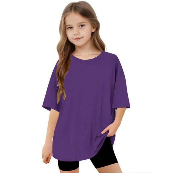 BRGZLK Summer Tops for Girls Boys Kids Fashion Cute Solid Color Blouse Loose Soft Short Sleeve Round Neck T-Shirts Purple 5-6 Years