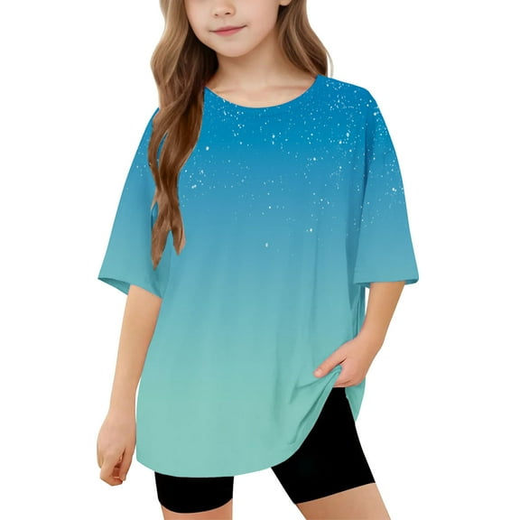 BRGZLK Summer Tops for Girls Fashion Casual Crew Neck Gradient Color Star Sparkle Loose Fit Half Sleeve Tops for Daily Wear Blue 8-9 Years