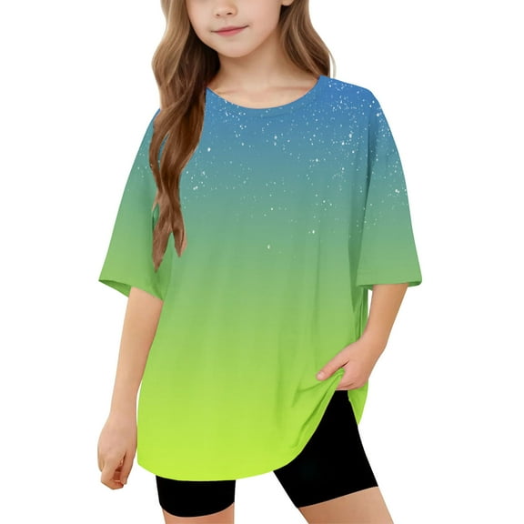 BRGZLK Summer Tops for Girls Fashion Casual Crew Neck Gradient Color Star Sparkle Loose Fit Half Sleeve Tops for Daily Wear Green 12-13 Years