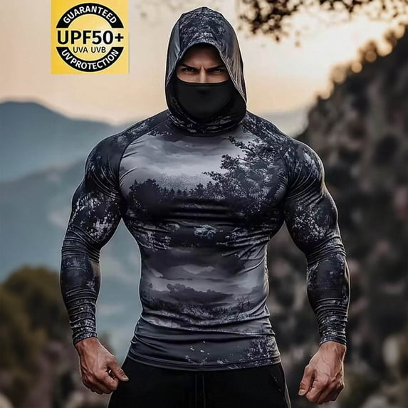 BRGZLK Sun Jacket for Men with Face Mask 2026 Summer Casual Long Sleeve UPF 50 + Sun Protection Breathable Comfortable Outdoor Hiking Shirt Black M