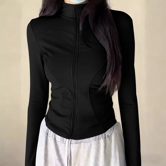 BRGZLK Sun Protection Shirt for Women Full Zip Long Sleeve Hoodless Stand Collar Athletic Jacket 2026 Summer Slim Fit Running Workout Tops Black M