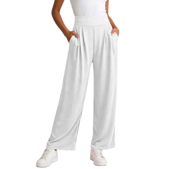 BRGZLK Sweatpants for Womens Casual Trendy High Waist Loose Comfy Solid Color Wide Leg Joggers Flowy Pants With Pockets White XL