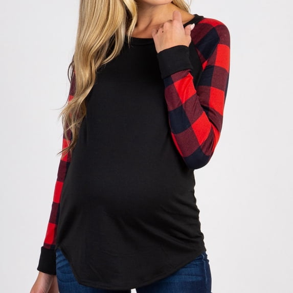 BRGZLK Sweatshirt Tops for Maternity Round Neck Long Sleeve Lightweight Breathable Casual Trendy Plaid Patchwork Color Block Pullover Top for Daily Wear Red XXL