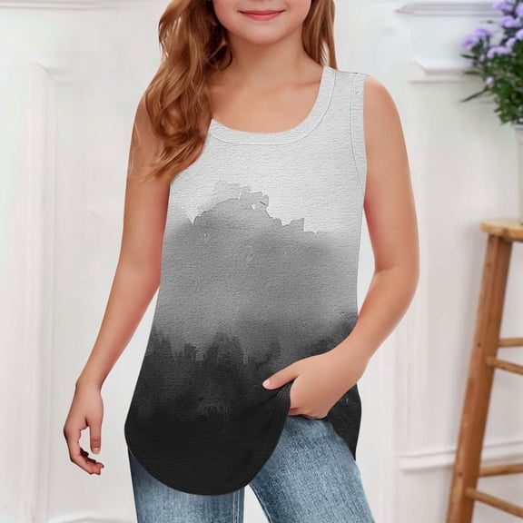 BRGZLK Tank Tops For Girls Kids Summer Cute Gradient Printed Tunic Tops Loose Casual Round Neck Sleeveless Tops Black 9-10 Years