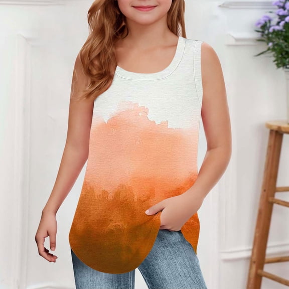 BRGZLK Tank Tops For Girls Kids Summer Cute Gradient Printed Tunic Tops Loose Casual Round Neck Sleeveless Tops Orange 11-12 Years