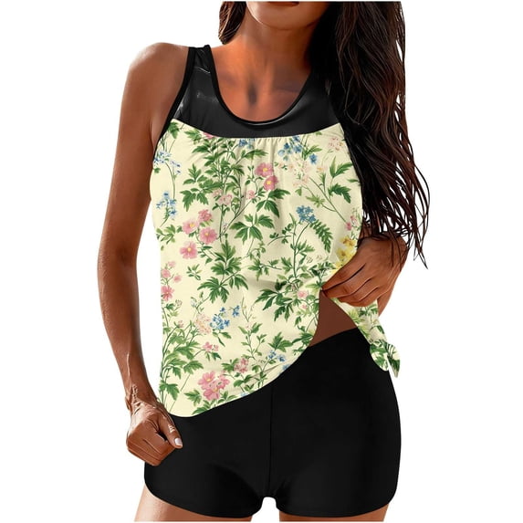 BRGZLK Tankini Swimsuits For Women Modest Vacation Boho High Waisted Fashion Printed 2 Piece Bathing Suits Swimwear with Shorts Beach