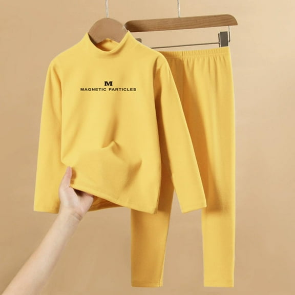 BRGZLK Thermal Underwear Set For Kids Fall Winter Fashion Print Long Sleeve Double-Sided German Velour Warm Base Tops and Pants 2-Piece Outfit Set Yellow 7-8 Years