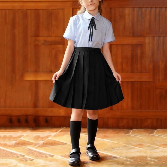 BRGZLK Three Pieces Set for Girls Solid Color Fashion Short Sleeve Turn Down Collar Top Elastic Waist Half Skirt with Tie School Season Academy Style Set Black A 12-13 Years