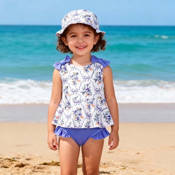 BRGZLK Toddler Baby Girl Swimsuit Summer Casual Fashion Floral Bow Swimwear Beach Sleeveless Swimsuit Shorts with Hat Kids Girl Three Piece Set Blue 12-18 Months
