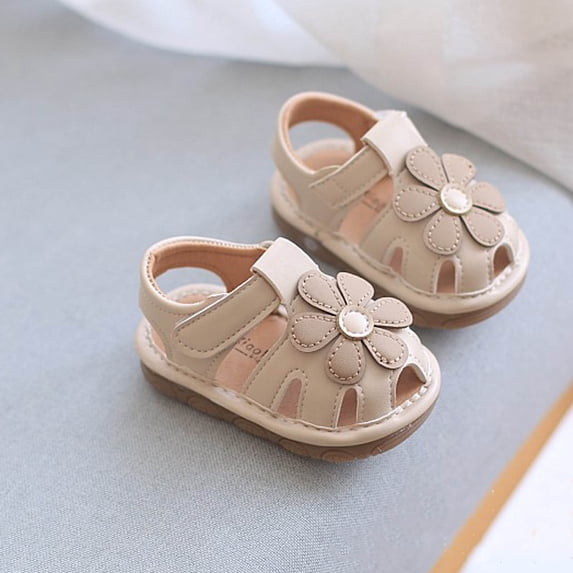 BRGZLK Toddler Baby Girls Squeaky Sandals Summer Soft Sole Closed-Toe Infant Non-Slip Hook and Loop PU Leather Cute Floral Lightwweight First Walkers Shoes Khaki 6-9 Months