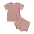 thumbnail image 1 of BRGZLK Toddler Baby Girls Summer Clothes Solid Color Ribbed Round Neck Short Sleeve T-Shirt Tops + Shorts Two Piece Set Breathable Comfy Outfits Red 6-9 Months, 1 of 2