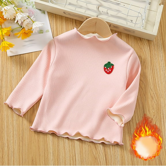 BRGZLK Toddler Baby Long Sleeve T-Shirt Girls Cute Solid Color Lettuce Trim Ribbed Blouse Loose Casual High Neck Velvet Thermal Base Layer Shirt Pink 2-3 Years