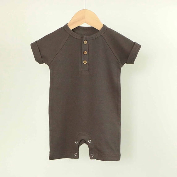 BRGZLK Toddler Boy Girl Knit Romper Summer 2026 Solid Color Ribbed Short Sleeve Bodysuit One Piece Outfits Soft Comfy Breathable Jumpsuits Short Crawling Suit Dark Gray 6-9 Months