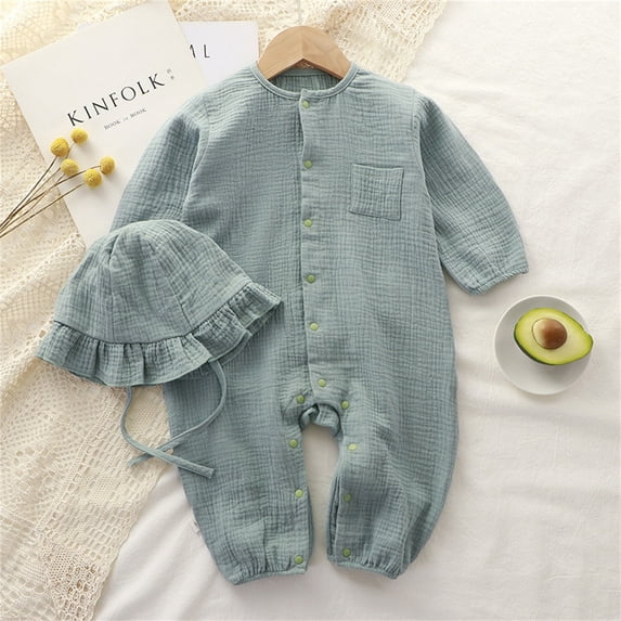BRGZLK Toddler Boys Girls Cotton Romper with Hat Solid Color Long Sleeve Gauze Jumpsuit Newborn Soft Breathable Summer Clothes Blue 0-3 Months