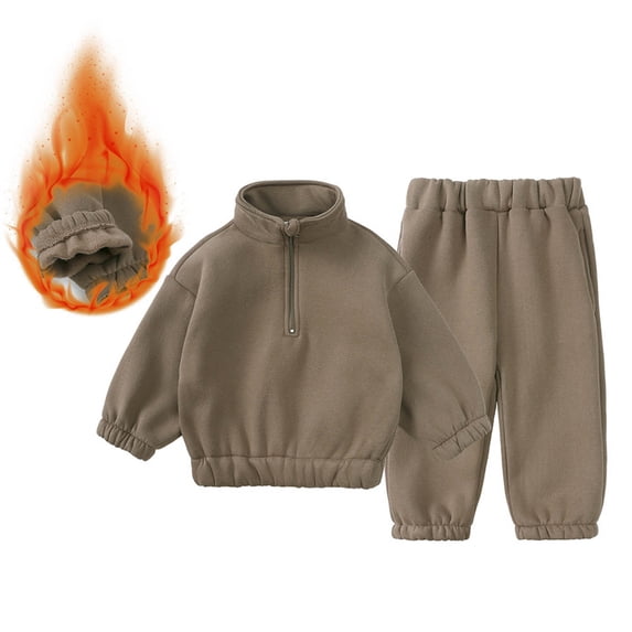 BRGZLK Toddler Boys Girls Fleece Sweatsuit 2026 Solid Color Stand Collar Zipper Pullover Sweatshirt and Jogger Pants Soft Warm Comfort Tracksuit Kids Fall Winter Outfit Set Brown 12-24 Years