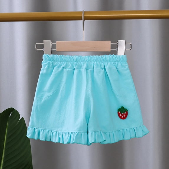BRGZLK Toddler Girl Shorts Summer Solid Color Cute Strawberry Design Paperbag Waist Shorts Soft Comfortable Linen Short Pants Blue 3-4Y
