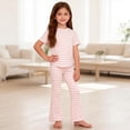 thumbnail image 1 of BRGZLK Toddler Girls 2 Piece Outfits 2026 Summer Striped Short Sleeve Tops and Flared Long Pants Soft Comfortable Cotton Tracksuit Sets for Kids Pink 4-5Y, 1 of 8