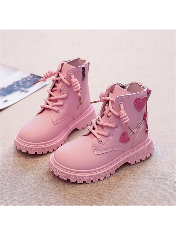 Toddler Girls Ankle Boots Fall Winter Cute Heart Decor Lace Up PU Leather Riding Short Booties with Side Zipper Fashion Casual Outdoor Ankle Boots Pink 13.5 Little Kids