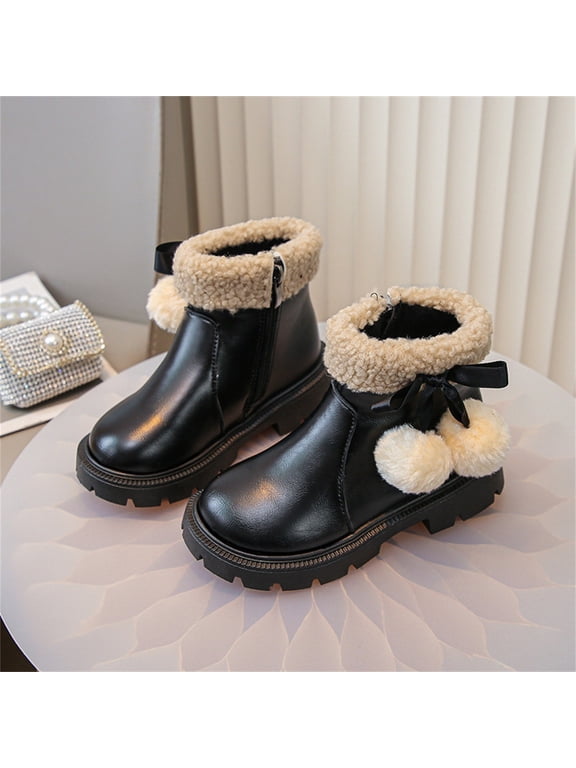 Toddler Girls Boots 2026 Trendy Cute Bowknot Faux Fur Lined Warm Punk Goth Lug Sole Riding Booties with Side Zipper, Kids Winter Snow Boots Black 9.5 Little Kids
