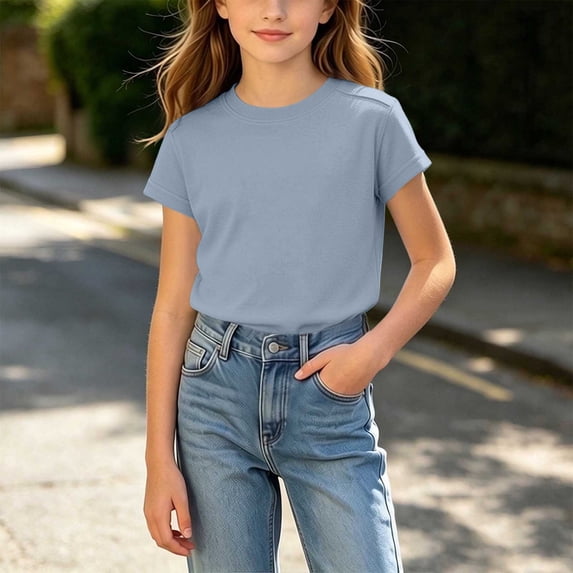 BRGZLK Toddler Girls Cotton Shirts Summer Crewneck Short Sleeve Solid Basic Tee Tops Breathable Comfy Casual Shirts Blue 11-12Y