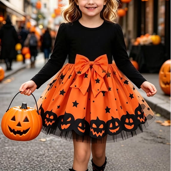 BRGZLK Toddler Girls Halloween Dresses Funny Pumpkin Print Long Sleeve MIni Dresses Baby Cute Tutu Dress Fall Clothes Holiday Party Outfit Black 2-3 Years