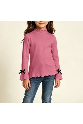 Toddler Girls Knit Tops Autumn Winter Trendy Sweet Ruffle Trim Mock Neck Long Sleeve T-Shirts Cute Bow Cuffs and Flounce Hem Shirts Pink 5-6 Years