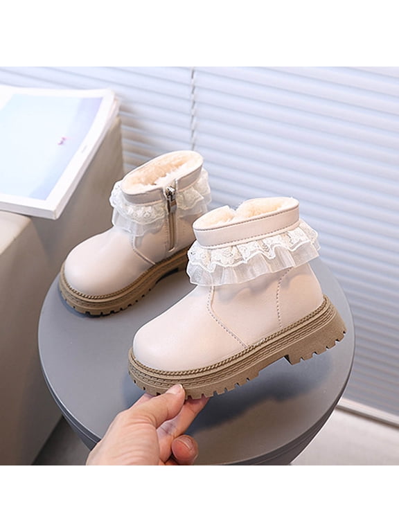 Toddler Girls Lace Trim Boots Autumn Winter Fashionable Cute Soft Sole Comfortable Plush Thick Warm Ankle Booties Casual Versatile Outdoor Footwear with Side Zipper Beige 12 Little Kids