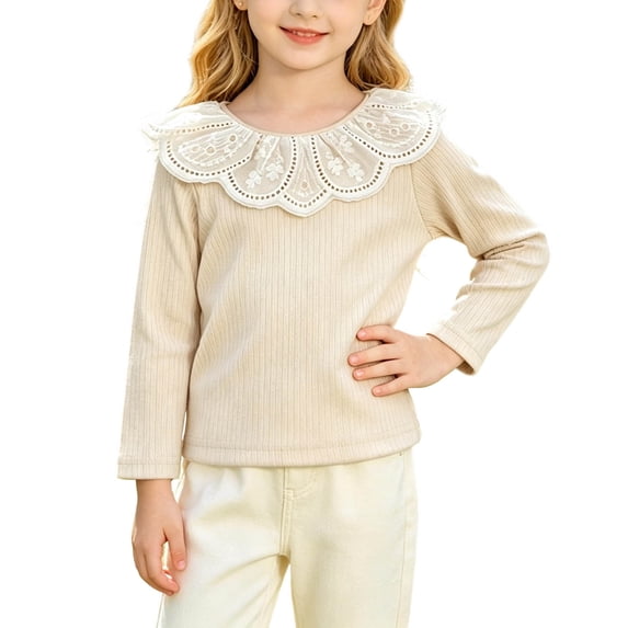 BRGZLK Toddler Girls Ribbed Long Sleeve T-Shirt Cute Solid Color Ruffle Collar Lace Patchwork Tshirts Tops Blouse for Casual Daily Kids Girls Fall Winter Clothes Beige 9-12 Months