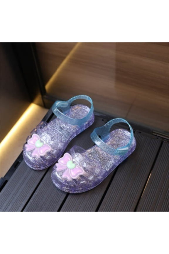 Toddler Girls Sandals Summer Casual Cute Bow T-Strap Soft Bottom Flat Non Slip Soft Sole Closed Toe Princess Shoes Beach Sandals Purple 8.5(Toddler)