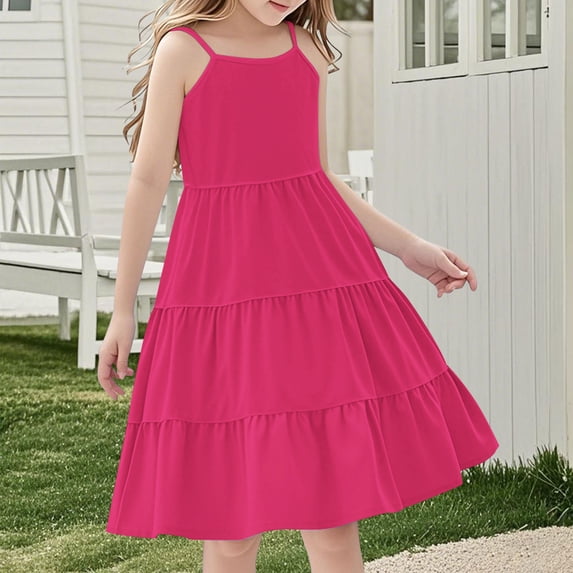 BRGZLK Toddler Girls Summer Sundress Trendy Solid Boho Spaghetti Strap Ruffled Tiered Dresses Casual Sleeveless Midi Cami Dresses Hot Pink 13-14 Years