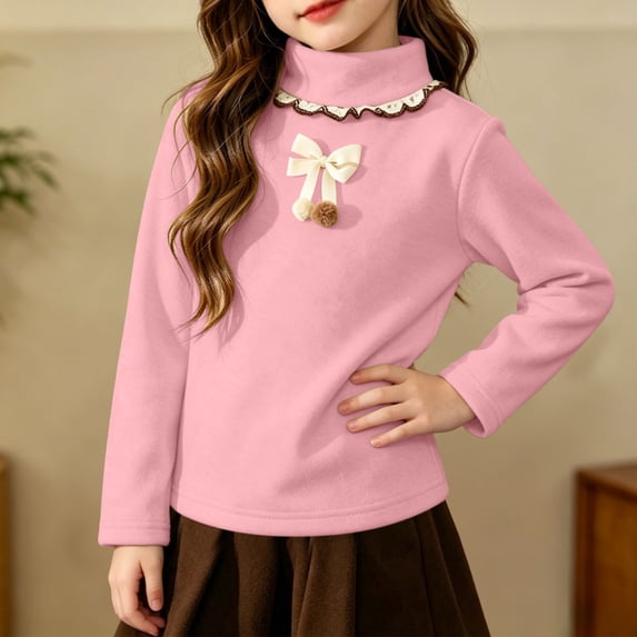 BRGZLK Toddler Girls Thermal T-Shirts Fall Winter Cute Bow Decor Mock Neck Lace Trim Long Sleeve Fleece-Lined Cotton Shirt Soft Comfortable Pullover Tees Pink 7-8 Years