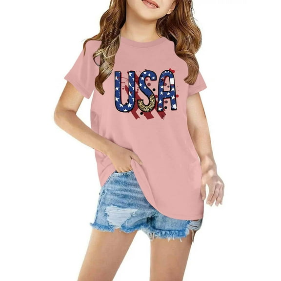 BRGZLK Toddler Independence Day Cotton Top Fashion American Flag Printed Tees Cute Round Neck Short Sleeve Blouse Pink 4-5 Years