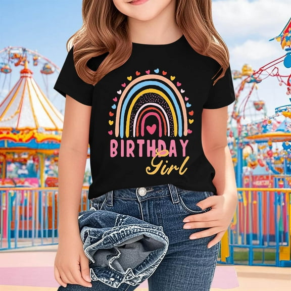 BRGZLK Toddler Kids 2025 Summer New Birthday Day T Shirt Trendy Cute Letter Graphic Short Sleeve Tees Loose Round Neck Casual Top Black 12-13 Years