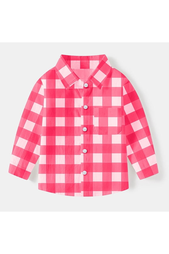 Toddler Kids Long Sleeve Button-Down Shirt Boys Girls Cute Checkered Print Lapel Casual School Uniform Top with Pocket Hot Pink 4-5 Years