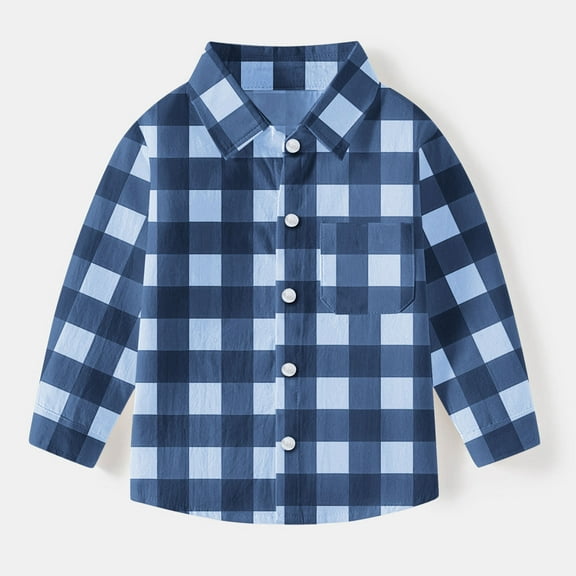 BRGZLK Toddler Kids Long Sleeve Button-Down Shirt Boys Girls Cute Checkered Print Lapel Casual School Uniform Top with Pocket Navy 2-3 Years