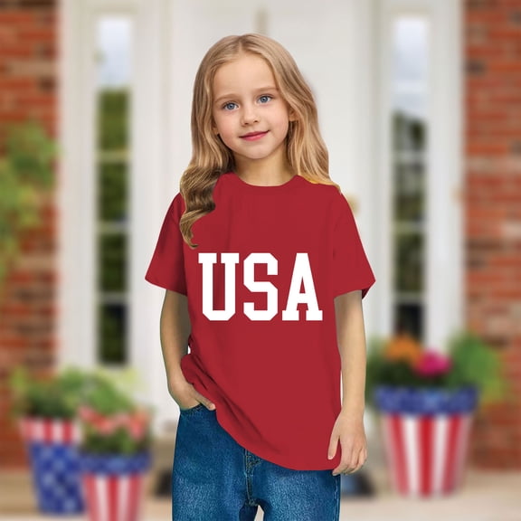 BRGZLK Toddler Memorial Day Cotton Tops Kids Independence Day Letter Printed Tees Boys Girls Lightweight Cozy Round Neck Short Sleeve Shirt Red 7-8 Years