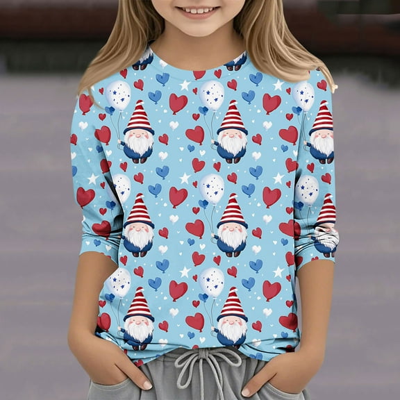 BRGZLK Toddler Summer And Spring Tops Boys Girls Fashion Independence Day Printed Tees Kids Cute Round Neck 3/4 Sleeve Blouse T-Shirts Blue 3-4 Years
