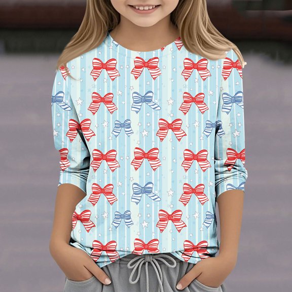 BRGZLK Toddler Summer And Spring Tops Boys Girls Fashion Independence Day Printed Tees Kids Cute Round Neck 3/4 Sleeve Blouse T-Shirts Blue 4-5 Years