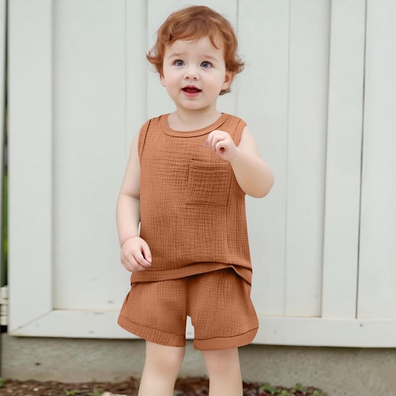 BRGZLK Toddler Summer Outfit Sets Girls Boys Trendy Solid Color Sleeveless Round Neck Cotton Tank Top and Casual Shorts 2 Piece Outfit Brown 2-3 Years