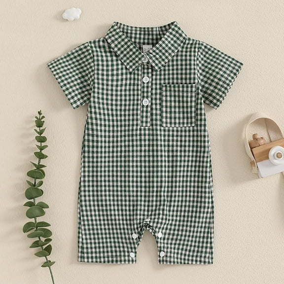 BRGZLK Toddler Summer Outfits Boys Girls Trendy Checkered Printed Short Jumpsuit Baby Casual Western-Style Crawling Clothes with Pocket Green 0-3 Months