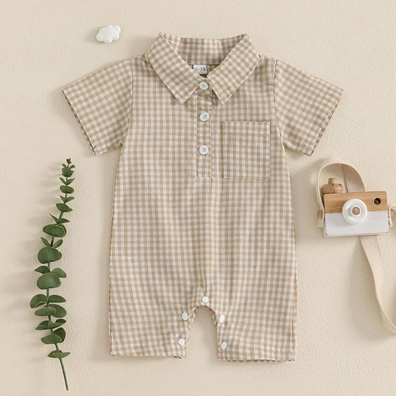 BRGZLK Toddler Summer Outfits Boys Girls Trendy Checkered Printed Short Jumpsuit Baby Casual Western-Style Crawling Clothes with Pocket Khaki 6-12 Months